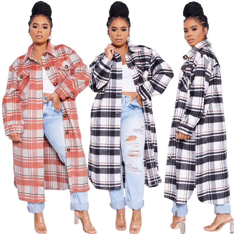 Women Fashion Plaid Pocket Single-Breasted Casual ...